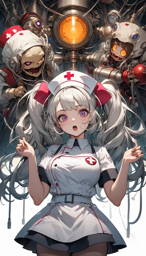 (mad scientist), 8k resolution, masterpiece, Highest quality, Award-winning works, unrealistic, Sexy Womanだけ, healthy body, Age 25, White wavy long hair, hair band, big firm bouncing chests, (Crazy Nurse), A terrifying sight, fear, Very detailed, Digital P...