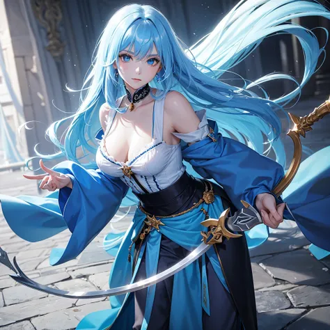 A princess with shiny blue hair and blue eyes. Wear a short shirt and long pants. Emperor holding a sword