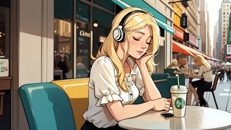 A beautiful blonde woman in her twenties is sitting on a cafe terrace wearing headphones. Looking down, close your eyes, LOFI Girl, Be alone in your room, blouse, relaxed mood, comfortable, new york, Starbucks
