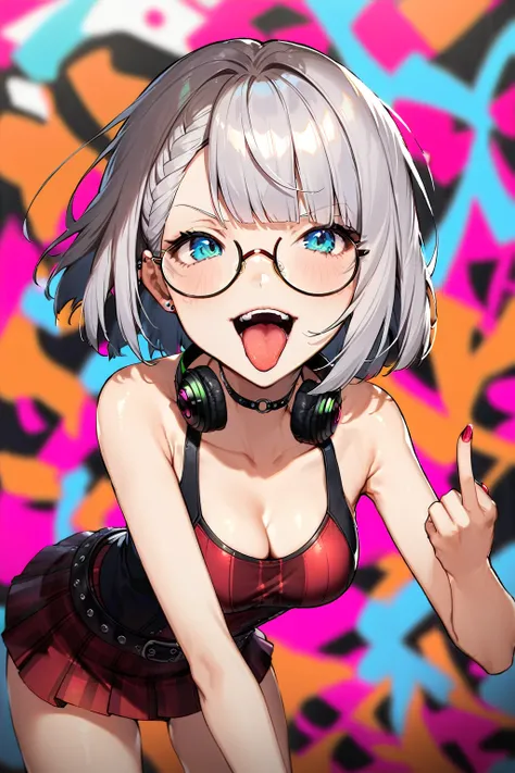 (extremely detailed fine touch:1.3), (((semi-rimless round eyewear:1.3))), (headphone:1.2), short hair, ((highlights hair, multicolored hair)), blunt bangs,  1girl, solo, open mouth, teeth, (tongue piercing:1.3), tongue out, evil smile, make up, double mid...