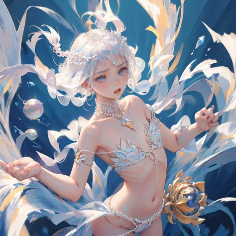 a girl、a baby face、very cute、slim and beautiful、((small :1.2))、Well-drawn eyes、charming eyes、double tail、Wearing jewelry and pearls around the neck，Transparent openwork、Deep V、crystal pearl、Wear jewelry and pearls around your neck，white hair, Showing thigh...