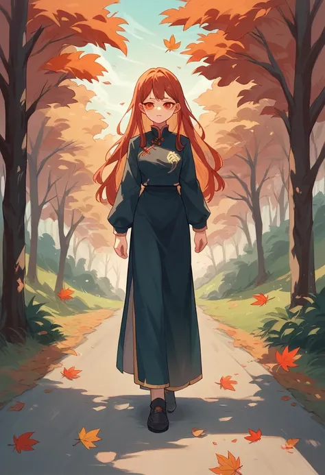 Autumn，A Chinese girl with long hair，Chinese style，Positive face，Girl wearing light long skirt，Walking on the road covered with fallen leaves，autumn，of maple leaves，In the woods，Illustration style，