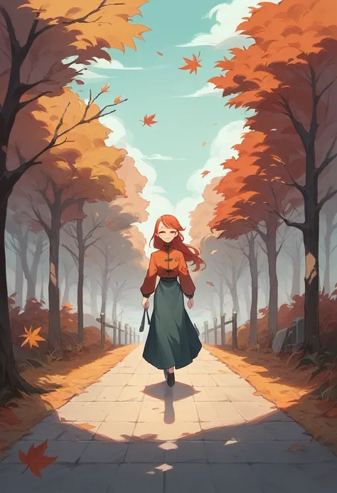 Autumn，A Chinese girl with long hair，Chinese style，Positive face，Girl wearing light long skirt，Walking on the road covered with fallen leaves，autumn，of maple leaves，In the woods，Illustration style，