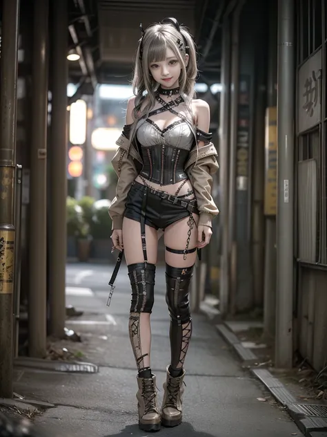 (Full Body View:1.2)、(Smiling with teeth showing:1.3),(Shibuya Gal:1.5)、(Beautiful gravure model:1.5)、(Neo-goth fashion:1.5)、(Punk RockVisual Kei:1.5)、(An off-the-shoulder hoodie in khaki and brown with delicate silver accessories.:1.5)、(A corset with a de...