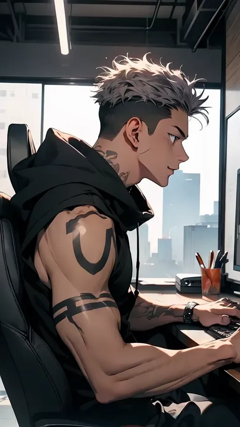 highest quality, 8K, high resolution image, anime style Jujutsu Kaisen, detailed strokes, bored look, blurry, purple light reflecting from it, (close angle), 1 man, male, model, (Ryomen Sukunas Tattoos) ,Hands tap on the keyboard, cool guy, multicolored ba...