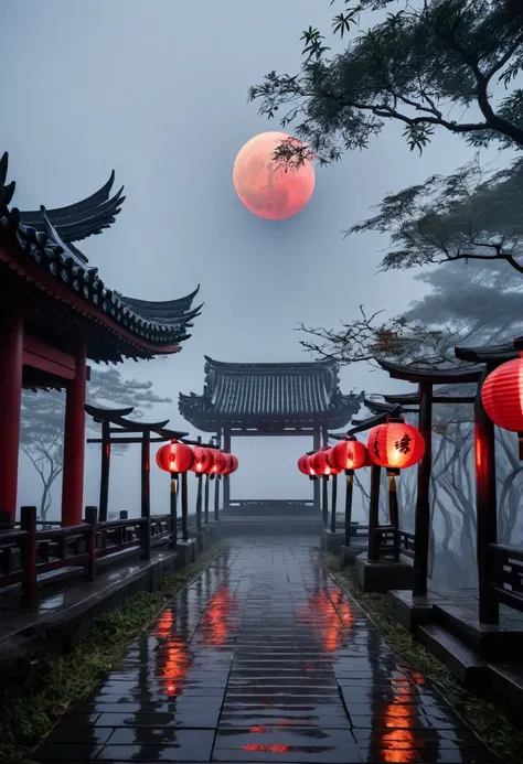 bamboo、A large square at the back of the screen、Lanterns leading to the square、Thick Fog、darkness、Red Moon