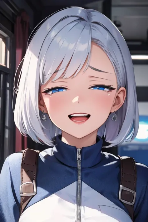 A woman with silver bob hair and blue eyes, her eyes are condescendingly, ((She is very happy, she is laughing, she is crying)), extremely detailed and realistic, masterpiece quality, ultra-detailed, HDR, studio lighting, vivid colors, physically-based ren...