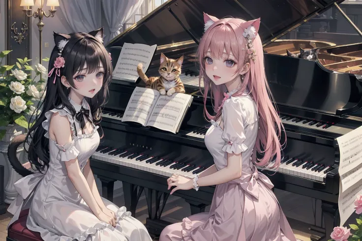 、Multiple cats are getting in the way、Viewers watching from the side、One person、One Woman、beautiful girl、Moe、Cute appearance、Very cute clothes、Delicate pink lolita dress、Smile、One Grand Piano、large room、Sitting well in a black chair、Piano playing、Classic、M...