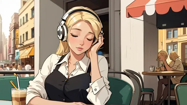 A beautiful blonde woman in her twenties is sitting on a cafe terrace wearing headphones. Looking down, close your eyes, LOFI Girl, Be alone in your room, blouse, relaxed mood, comfortable, new york, Starbucks