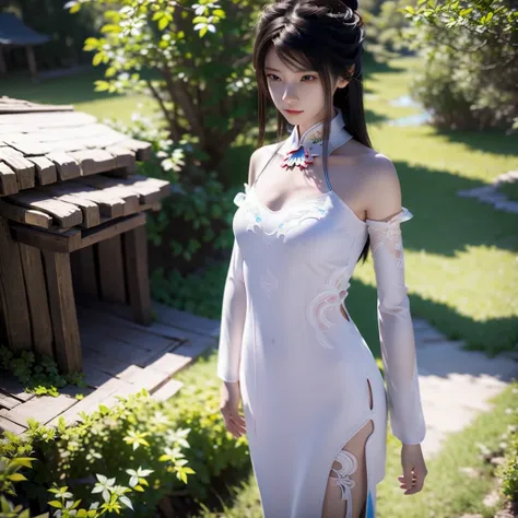 first place girl，wearing a white skinny cheongsam，bare shoulders，3d chinese comic style works，fairy fantasy