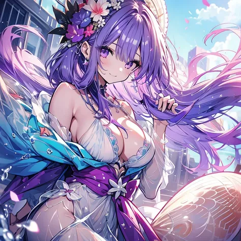 1 girl、Mature、Ample breasts、Purple Hair、Long Hair、Mermaid costume、See-through fabric、Pearl Accessories、Shellfish Accessoriehoulder Bare、A seductive smile、High resolution、Highest quality、