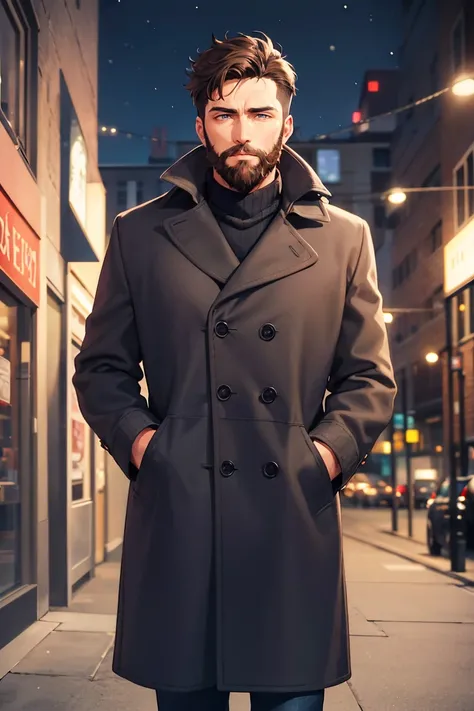 solo, 1boy, brown hair, short hair, brown beard, thick beard, blue eyes, dressed in wool sweater with a neck, grey drape coat and dark blue jeans, night, 50s city, winter, snowing, half-body