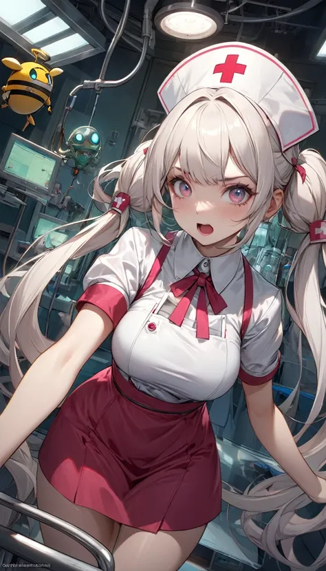 (mad scientist), 8k resolution, masterpiece, Highest quality, Award-winning works, unrealistic, Sexy Womanだけ, healthy body, Age 25, White wavy long hair, hair band, big firm bouncing chests, (Crazy Nurse), A terrifying sight, fear, Very detailed, Digital P...