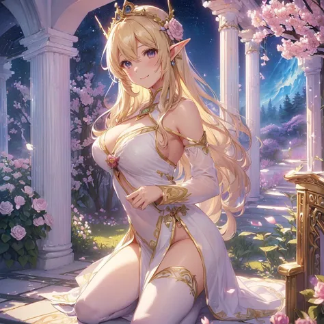 highest quality、Highest image quality、masterpiece、beautiful face、、Titania、Super beautiful elf beauty((18 years old OL big bust、bust 90,beautiful long ironed hair、blonde、Height: 170cm。slender、sexy、Esbian、beautiful tiara、night、High quality、美しいart、Beautiful b...