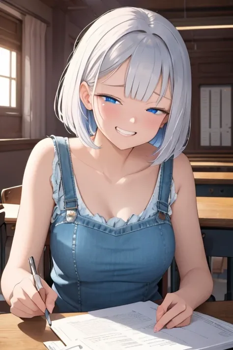 A woman with silver bob hair and blue eyes, her eyes are condescendingly, ((She is very happy with a cute grinning expression)), extremely detailed and realistic, masterpiece quality, ultra-detailed, HDR, studio lighting, vivid colors, physically-based ren...