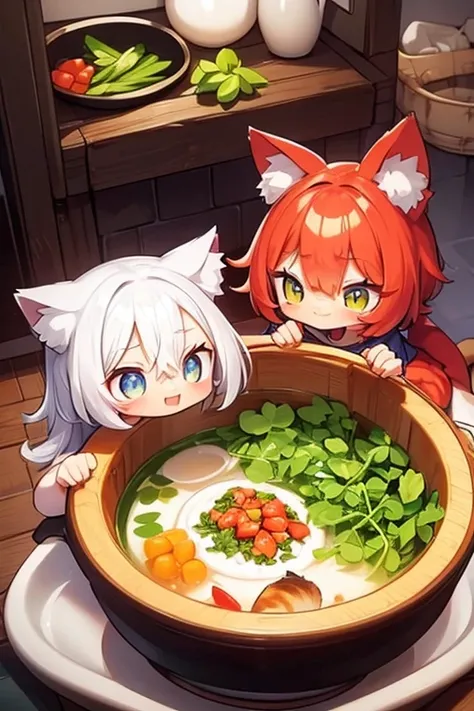 Table、Two girls humanize kittens、 physique、chibi、cat ears and tail、Snowy landscape、full 、spread your legs ,relaxed facial expression、kitchen, make kitten soup、sit in a pan in boiling water among floating vegetables and parsley, cat soup、chibi