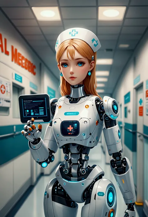 An image depicting a robotic nurse of Caucasian descent doing her duties in a typical American hospital. The robot has sleek metallic components, an advanced touchscreen interface for patient interaction, and manipulative arms to assist in a variety of tas...