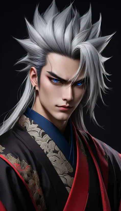 Heres a revised prompt to give Tengen Uzui a bold and mean style:

"Create an image of Tengen Uzui: a lean and menacing young man with silver hair styled in a messy, spiky fashion, and piercing blue eyes that seem to bore into those he looks at. He should ...