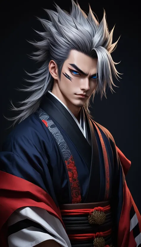 Heres a revised prompt to give Tengen Uzui a bold and mean style:

"Create an image of Tengen Uzui: a lean and menacing young man with silver hair styled in a messy, spiky fashion, and piercing blue eyes that seem to bore into those he looks at. He should ...