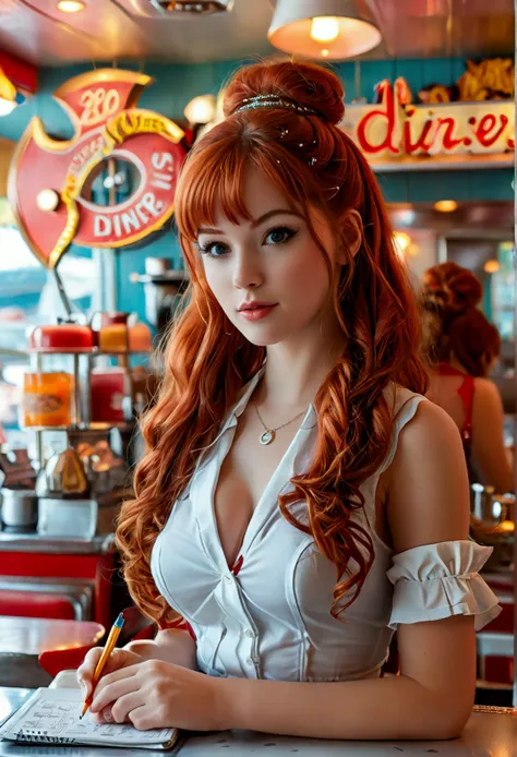 ultra realistic, photography, long red hair, girl, 24 years old, hourglass figure, perfect body, Flirty look, natural breasts, blur background, working at a 60s diner, standing at the counter, waitress outfit, hair in a bun, notepad and pencil in her hands