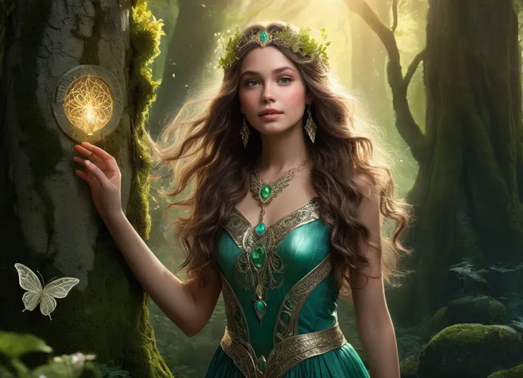 girl, solo, (fantasy art:1.4), fantastic, poster, portrait, standing in an enchanted forest, magical forest, magic light, fairies, surrounded by ancient trees with emerald, silver, and golden leaves, bioluminescent moss and flowers on the ground, mystical ...