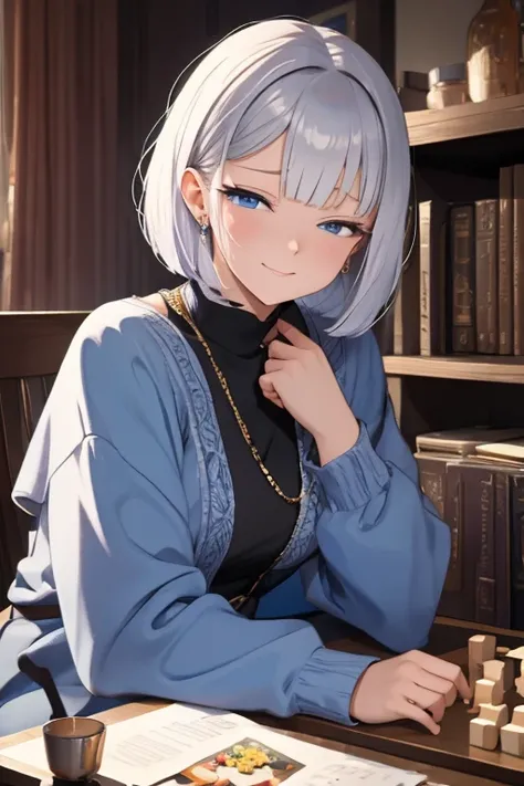 A woman with silver bob hair and blue eyes, random expression, extremely detailed and realistic, masterpiece quality, ultra-detailed, HDR, studio lighting, vivid colors, physically-based rendering, shogi player