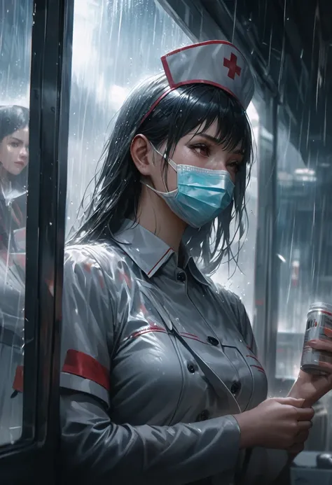 best quality, high resolution, ultra detailed, realistic, female nurse, holding medicines, wearing medical mask, heavy rain, wind, thunder, reflections, 