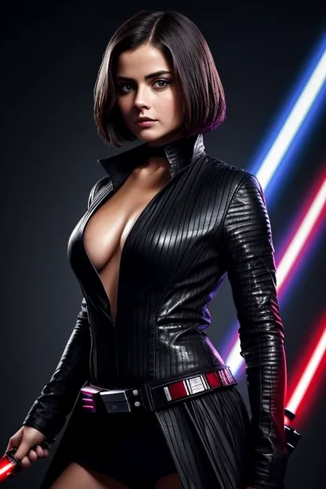 Gorgeous european woman with short hair, wet hair, hair slicked back, combed straight back, slick hair, streaked black hair, seductive pose, jenna coleman, dressed as a sexy sith, lightsaber, cleavage, solid dark grey background