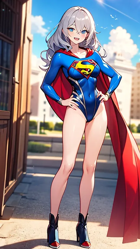 ((full body)),masterpiece, 4K, 8k, high quality, Very detailed, Detailed face, High resolution, Vibrant colors, Natural light, Best Shadow, Shallow depth of field, Portraiture (Supergirl:1.1) , smile, Blue leotard, Red Cape, red boots with heels, Grey Hair...