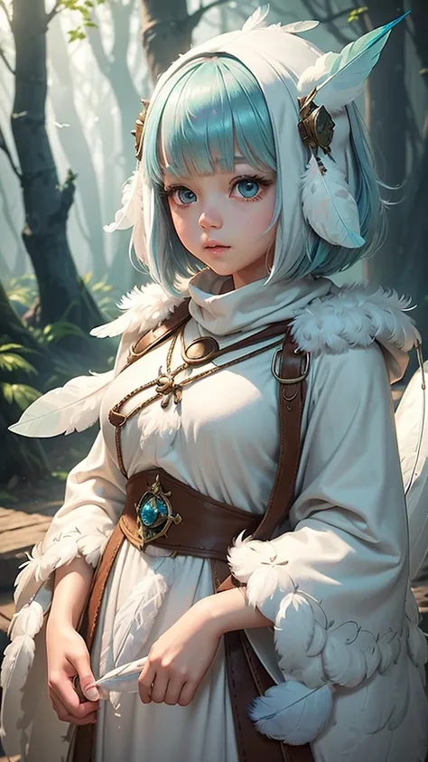 A girl who appeared from a fantastical forest、Bobcut、(A white round neck poncho combined with fluffy feathers:1.2)、(Fantasy fluffy feathers:1.6)、(((Shine))) 、Candy Color、crystal、Sharp focus、Lighting by world-class AI creators、Very detailed、Beautiful graphi...