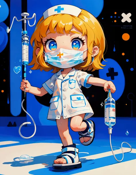 ultra-small deformation, Chibi Cute, 1girl, solo, full body, nurse, nurse cap, white nurse wear, ((white surgical mask, covered nose)), white sandals, blonde short hair, blue eyes, she is holding big syringe and hospital drip , running, sweat, speed line, ...