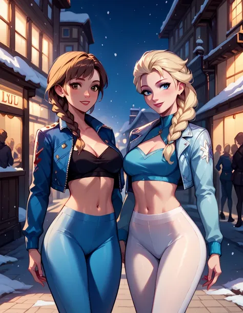 score_9, score_8_up, score_7_up, score_6_up, 2girls, elsa (blonde hair, braid, blue tights, cropped ski jacket, navel:1.1) and anna (brown hair, braided pigtails, white tights, cropped jacket, navel:1.3),, romantic scenes, on dates, snowy village street, l...