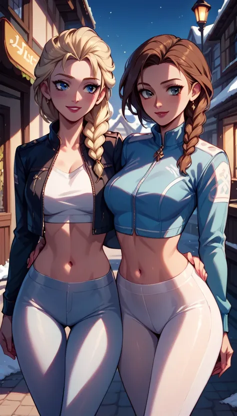 score_9, score_8_up, score_7_up, score_6_up, 2girls, elsa (blonde hair, braid, blue tights, cropped ski jacket, navel:1.1) and anna (brown hair, braided pigtails, white tights, cropped jacket, navel:1.3),, romantic scenes, on dates, snowy village street, l...