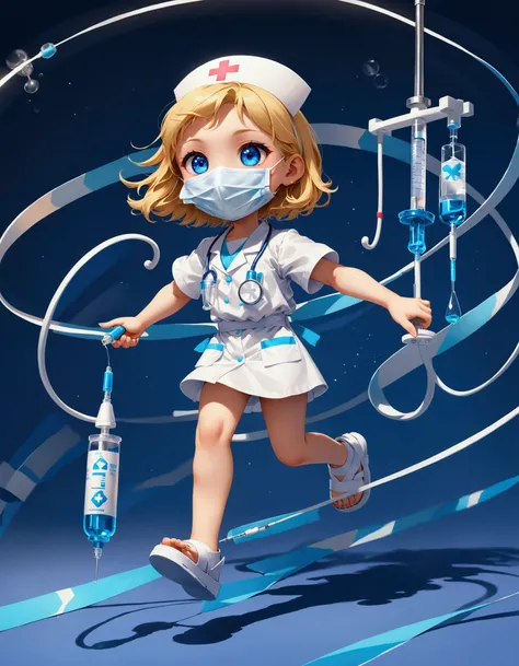 ultra-small deformation, Chibi Cute, 1girl, solo, full body, nurse, nurse cap, white nurse wear, ((white surgical mask, covered nose)), white sandals, blonde short hair, blue eyes, she is holding big syringe and hospital drip , running, sweat, speed line, ...