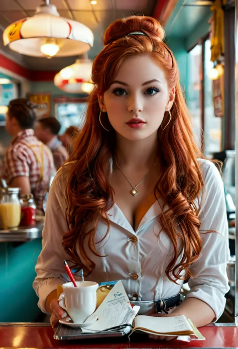 ultra realistic, photography, long red hair, girl, 24 years old, hourglass figure, perfect body, Flirty look, natural breasts, blur background, working at a 60s diner, standing at the counter, waitress outfit, hair in a bun, notepad and pencil in her hands