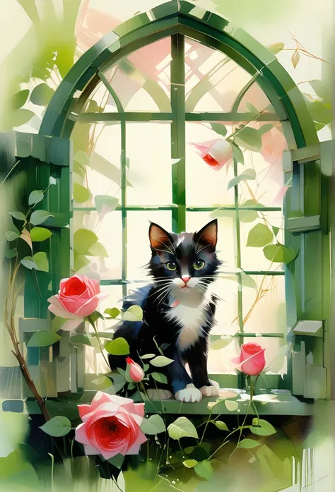 Filled with red roses、A lot of roses、Rose bud、Rose petalany wild roses on the screen、There is a green wooden framed window in the middle.、In the window, a black kitten is looking at the viewer、fairy tale、Inspiring composition、Lots of roseasterpiece、Detaile...