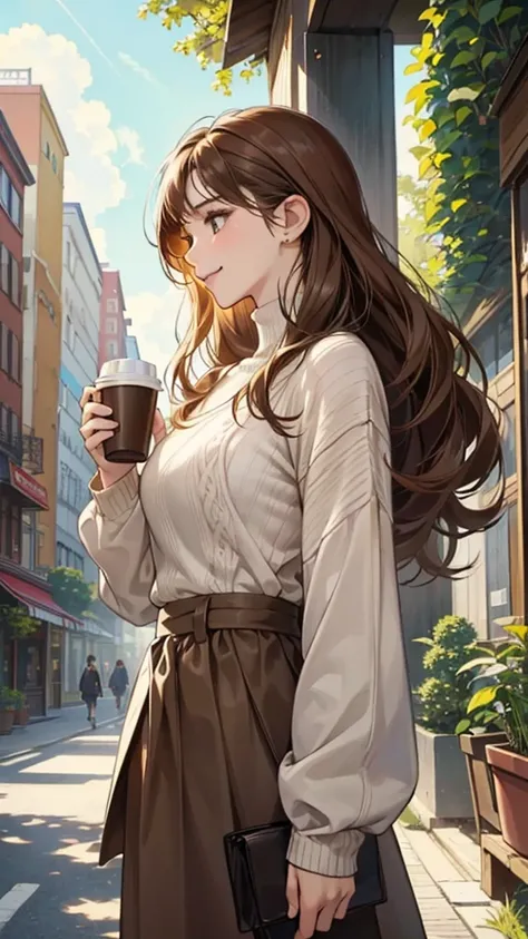 watercolor, line art, monotony, profile of a woman with a clear face through brown hair, holding a coffee cup in one hand, look ...