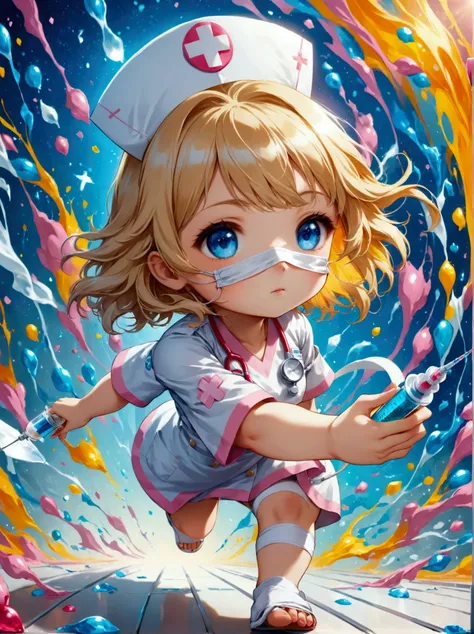 ultra-small deformation, Chibi Cute, 1girl, solo, full body, nurse, nurse cap, white nurse wear, ((white surgical mask, covered nose)), white sandals, blonde short hair, blue eyes, she is holding big syringe and hospital drip , running, sweat, speed line, ...