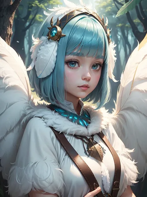 A girl who appeared from a fantastical forest、Bobcut、(A white round neck poncho combined with fluffy feathers:1.2)、(Fantasy fluffy feathers:1.6)、(((Shine))) 、Candy Color、crystal、Sharp focus、Lighting by world-class AI creators、Very detailed、Beautiful graphi...