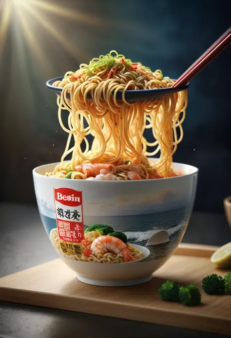 photorealistic,(Masterpiece, BestQuality:1.2), (hyperrealistic:1.1), (8k,Photorealistic:1.45), (realistic:1.4),cup noodle seafood,nissin,very delicious looking noodle,octane,3d rendering,beautiful lighting, volumetric lighting, dynamic angle, (photographic...