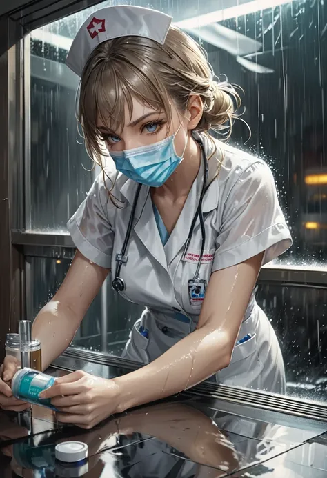 best quality, high resolution, ultra detailed, realistic, female nurse, holding medicines, wearing medical mask, heavy rain, wind, thunder, reflections, 