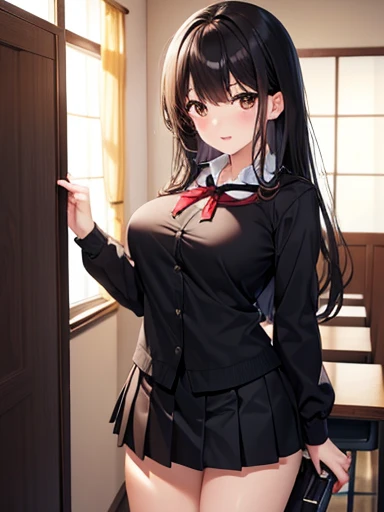 Highest quality, Japanese、Brown eyes、thin、expensive、8k、girl, High resolution,Black Hair、Long Hair、classroom、uniform、blouse、Black Skirt、Standing position、Left facing,Big Breasts