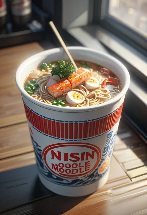 photorealistic,(Masterpiece, BestQuality:1.2), (hyperrealistic:1.1), (8k,Photorealistic:1.45), (realistic:1.4),cup noodle seafood,nissin,very delicious looking noodle,octane,3d rendering,beautiful lighting, volumetric lighting, dynamic angle, (photographic...