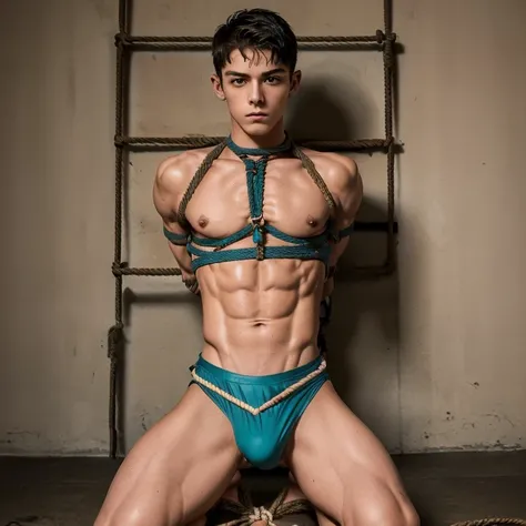  (((19 year old boy, skinny, lean, twink))), (((wearing gym speedos)))  kneeling, ((((Trussed up completely with rope)))), ((((very tight rope crossed over chest)))), (((very tight ropes crossed over   abdominals))). (((body in tight shibari ropes))) sweat...