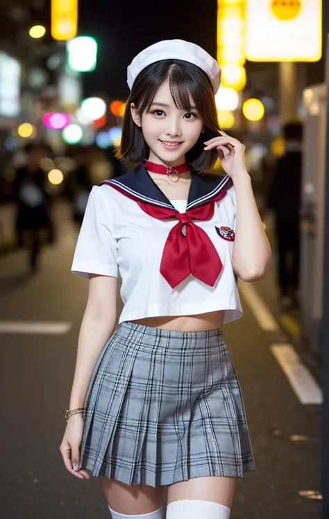 (1 gorgeous Asian women, age 30s, standing with natural pose, at Tokyo Tower, night sky. Shes dressed in Japanese JK Uniform, Serafuku, Seifuku, Sailor Uniform, silver neck choker, white blouse, sailor-style collar, pleated skirt, Buttons, Red Ribbon, Red ...