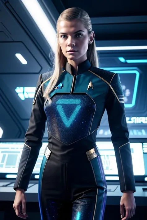 illustrated concept, (Sadie Wilkinson wearing a Star Trek uniform, resolute expression, carrying a data pad), (in a high-tech research lab, holographic screens, robotic assistants), (clean lines, precise details, soft ambient lighting, professional, Advanc...