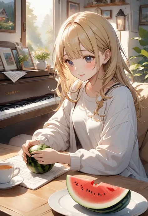 ((Highest quality)), ((masterpiece)), (detailed), ((Perfect Face)), ((Half Body)) A beautiful blonde girl is eating watermelon, In a cozy house surrounded by a quiet forest々Engage in activities. Capturing moments from her daily life, Paintings etc., read, ...