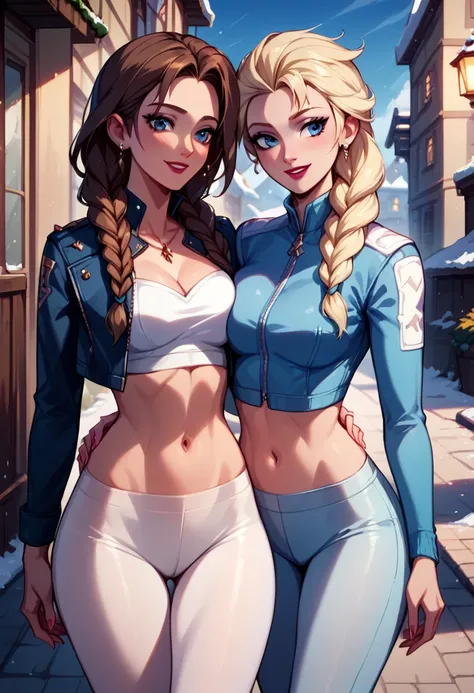 score_9, score_8_up, score_7_up, score_6_up, 2girls, elsa (blonde hair, braid, blue tights, cropped ski jacket, navel:1.1) and anna (brown hair, braided pigtails, white tights, cropped jacket, navel:1.3),, romantic scenes, on dates, snowy village street, l...