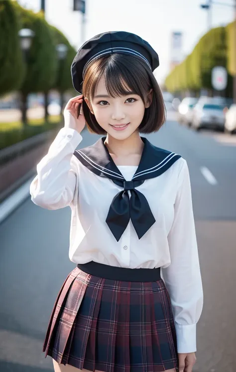 (1 gorgeous Asian women, age 20s, standing with natural pose, at Tokyo Tower, night sky. Shes dressed in Japanese JK Uniform, Serafuku, Seifuku, Sailor Uniform, white blouse, sailor-style collar, pleated skirt, Buttons, Red Ribbon, Red Bolo Tie, Striped Ne...