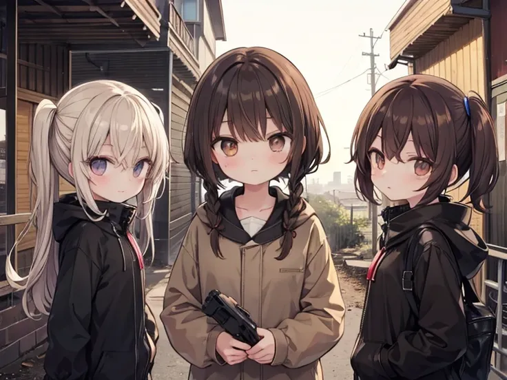 (best quality:0.8) perfect frame from anime, wasteland robbers, 1 brown-haired boy and 3 different girls